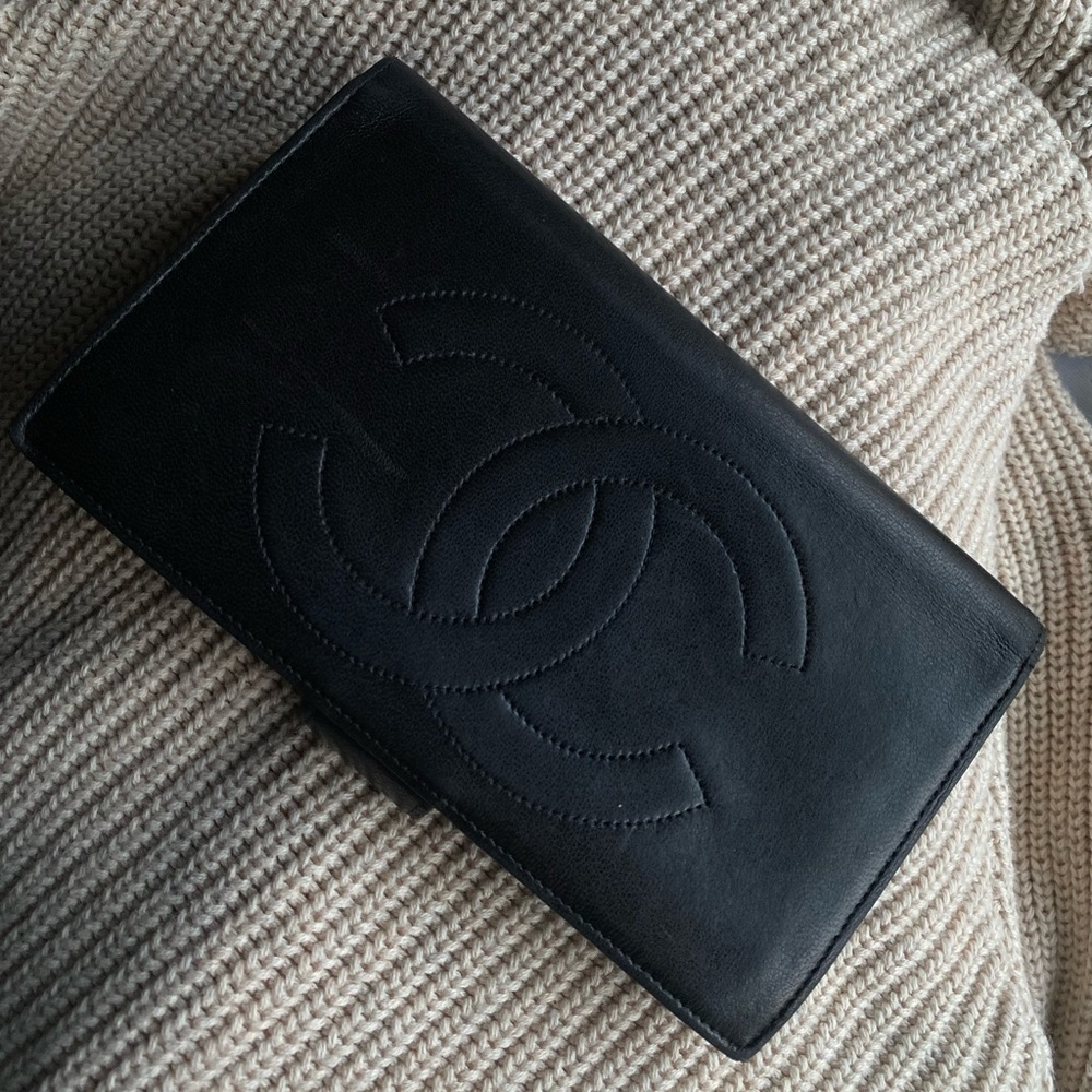 Chanel made in France large black leather wallet with gold tone hardware